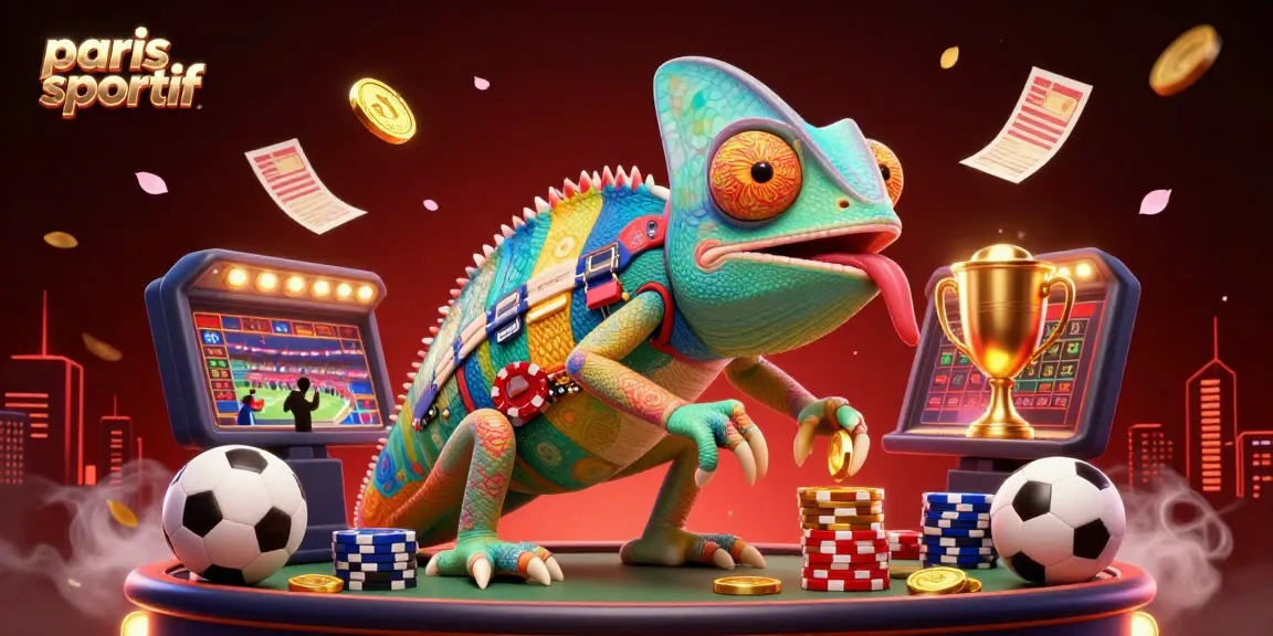Scénario vibrant de paris sportif avec un caméléon de casino, des trophées et des éléments sportifs.