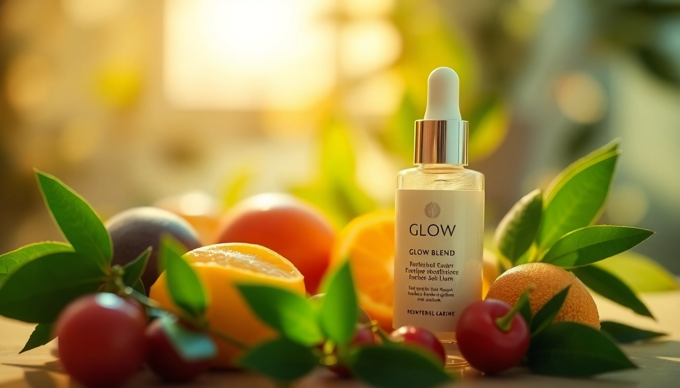 Reveal the vibrant Glow Blend in a luxurious skincare setting with lush botanical elements.