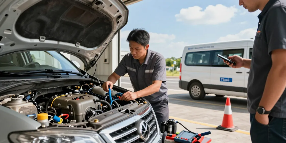 Technician diagnosing petrol in diesel car contamination at roadside service.