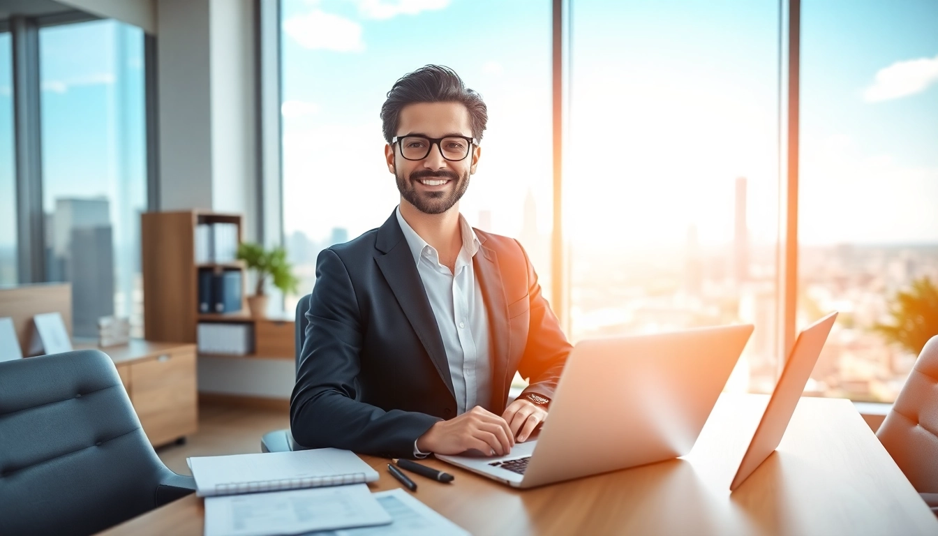 Engaging scene depicting business registration USA process with a consultant at a modern office.