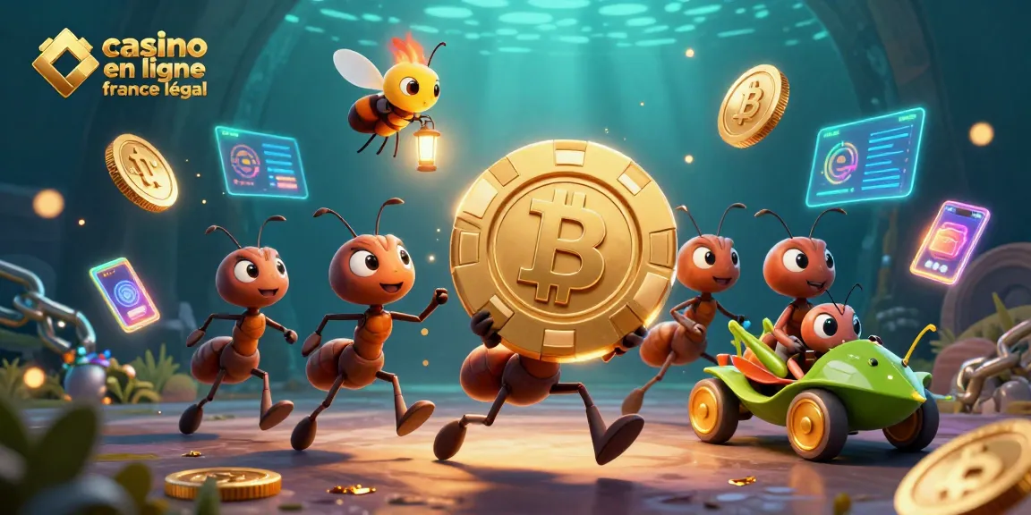 Visitez un casino en ligne légal en France à travers une illustration 3D captivante avec des fourmis et un insecte.