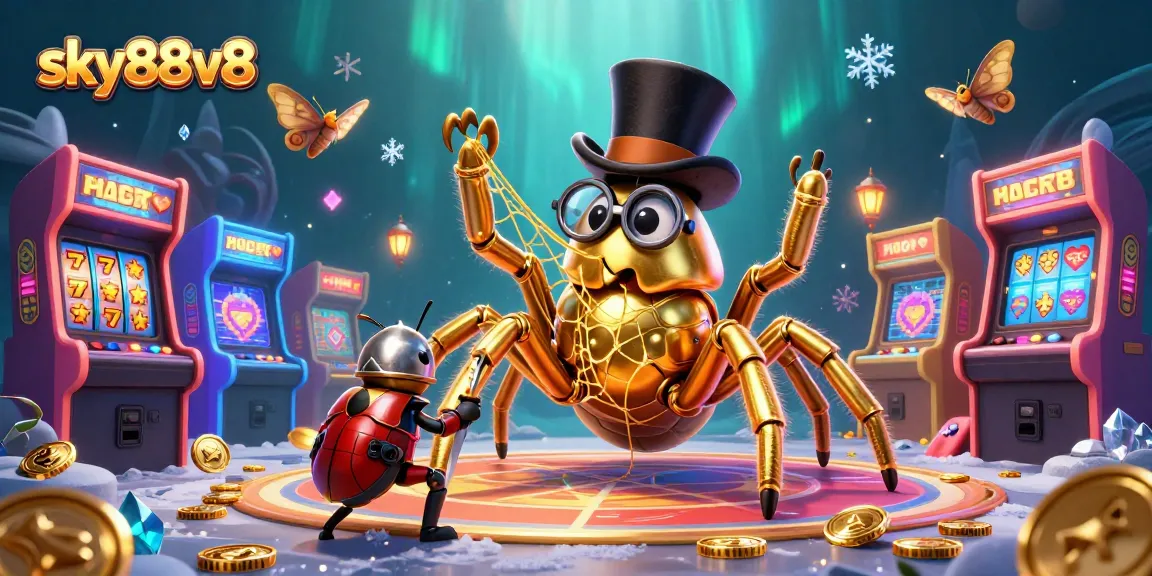 Experience thrilling gaming with sky88v8 featuring a whimsical casino scene of a golden tarantula and brave beetle knight.