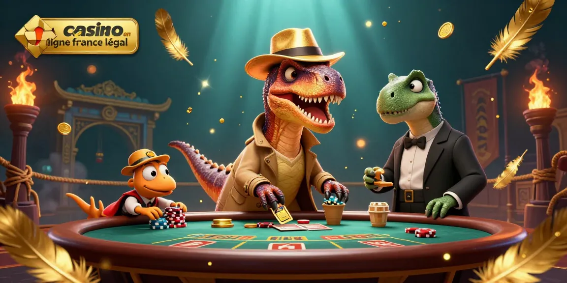 Illustration dynamique d'un velociraptor au blackjack dans un casino en ligne France légal, avec des éléments de jeu captivants.