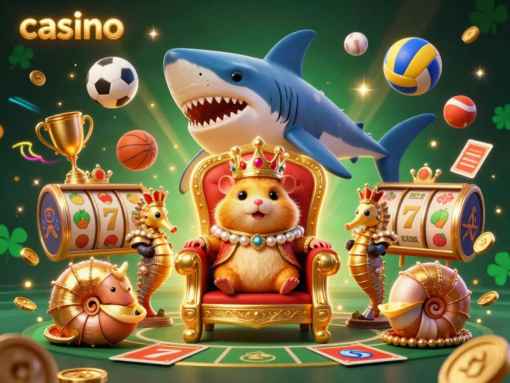 Experience thrilling moments at the casino with our golden hamster king surrounded by vibrant gaming elements.