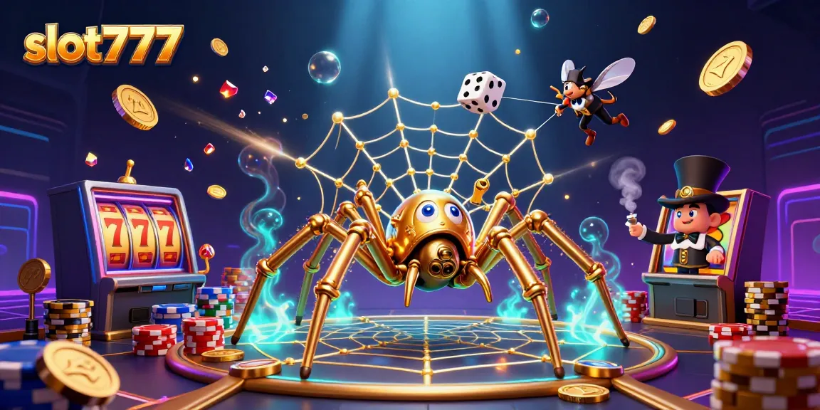 Play vibrant slot777 games with an amusing steampunk theme, showcasing a golden spider and exciting winning elements.