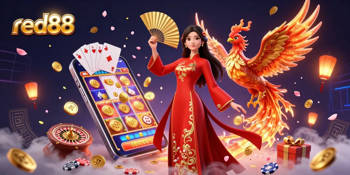 Experience the vibrant energy of red88, featuring a dynamic scene with a graceful woman and a phoenix, celebrating casino gaming.