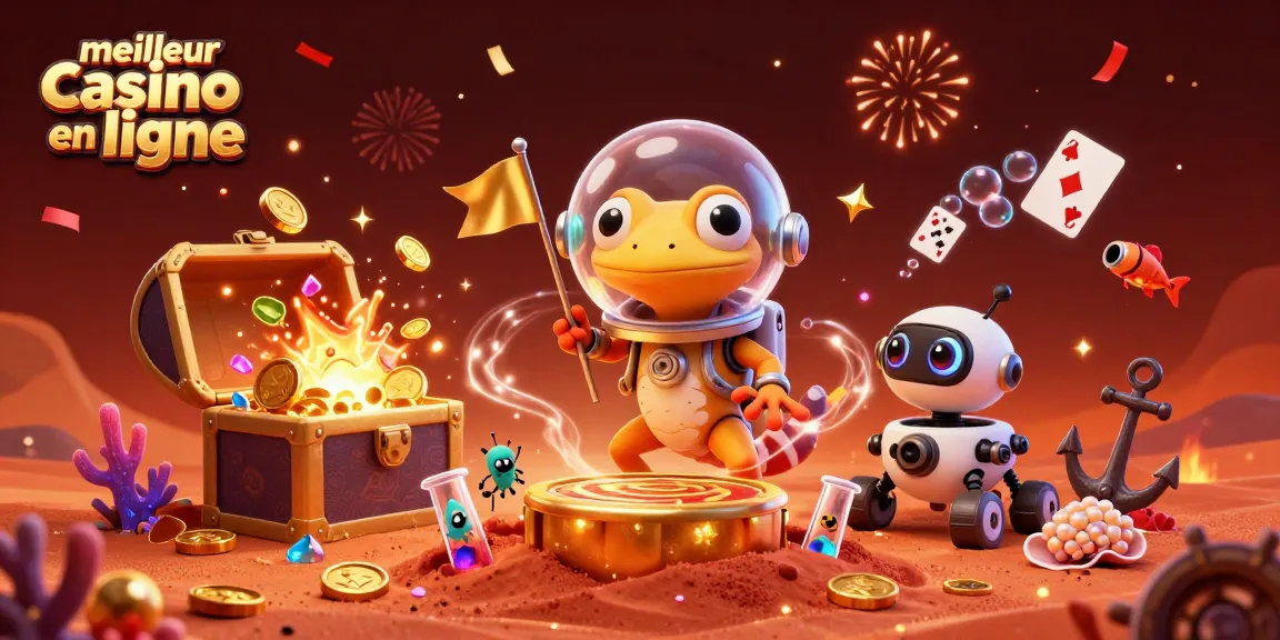 Illustration 3D du meilleur casino en ligne avec un gecko martien découvrant un casino doré sur Mars.