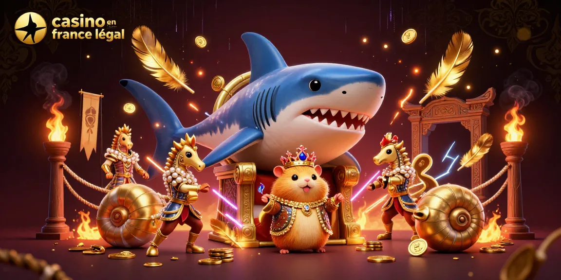 Illustration dynamique autour de casino en ligne France légal avec un roi hamster doré et des gardes en armure de perles.