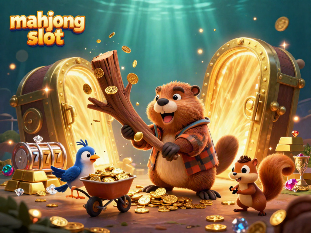 Spin the mahjong slot with a lively forest scene of a beaver and friends collecting golden treasures.