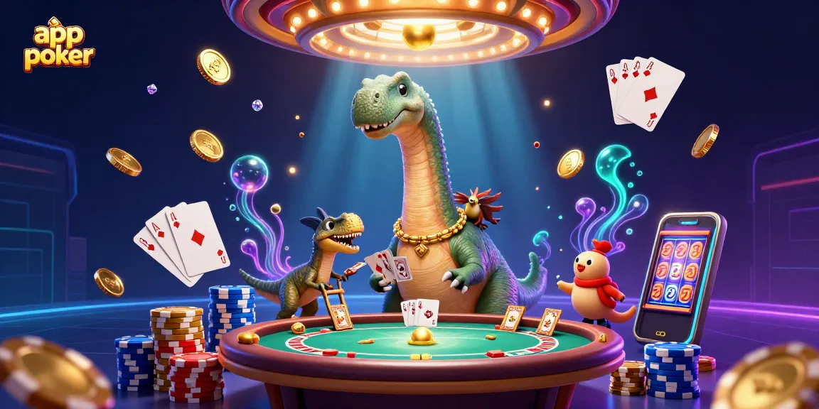 Giocando a poker con app poker in un'illustrazione 3D di un brontosauro in un casinò.