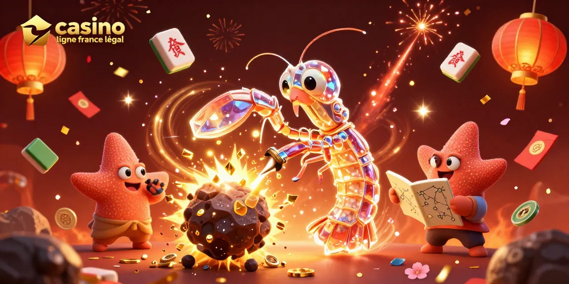Gagnez avec casino en ligne France légal : illustration d'un samouraï mantis et d'une étoile de mer naviguant dans un univers de jeux.