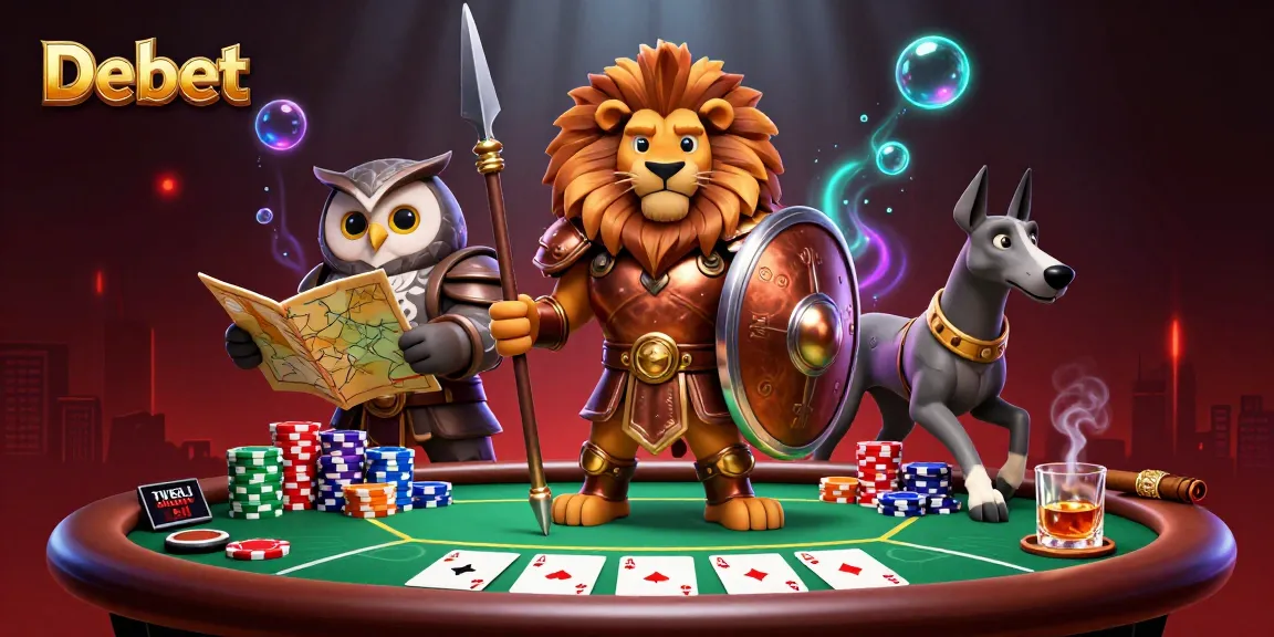 Debet showcases strategic poker gameplay with a Spartan lion, owl strategist, and greyhound in a vibrant casino scene.