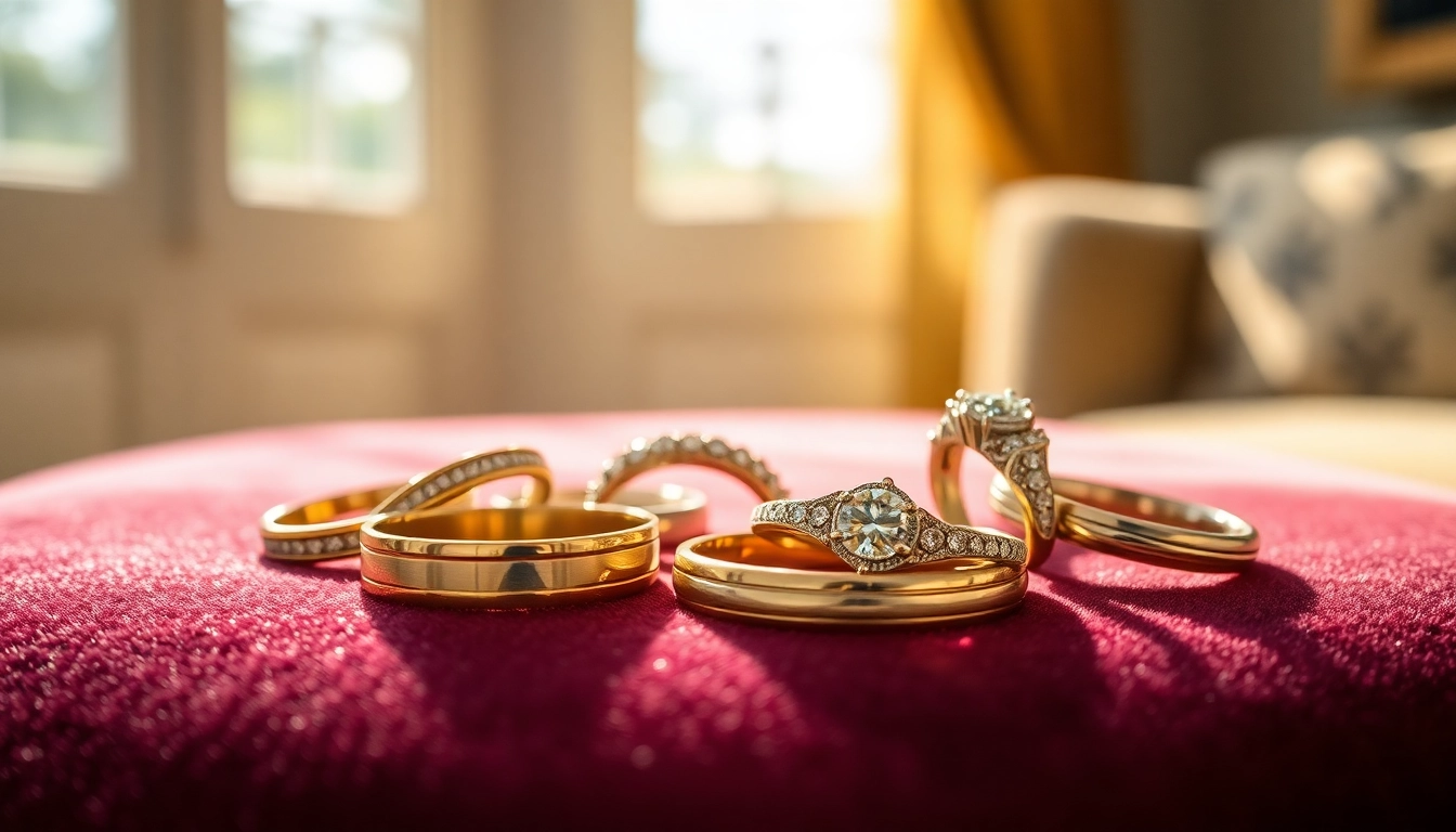Showcase of elegant wedding bands with intricate designs and sparkling gems.