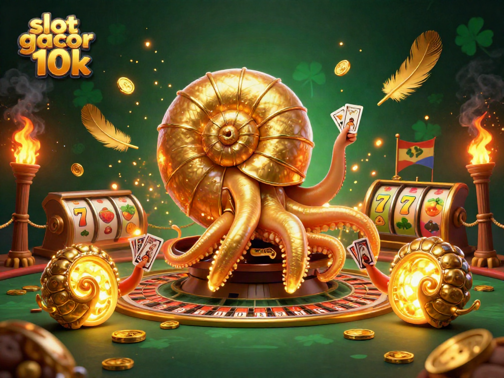 Engage with slot gacor 10k as ancient nautilus spins roulette and deals cards amidst a vibrant casino scene.