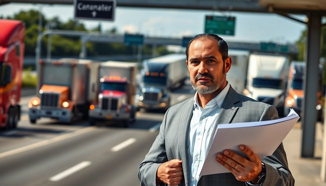 Clearwater truck accident attorney analyzing case files with a highway backdrop for urgency.