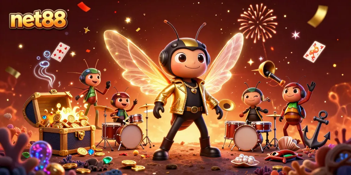 Engage with net88's thrilling casino experience featuring a cartoon rock star and vibrant elements.
