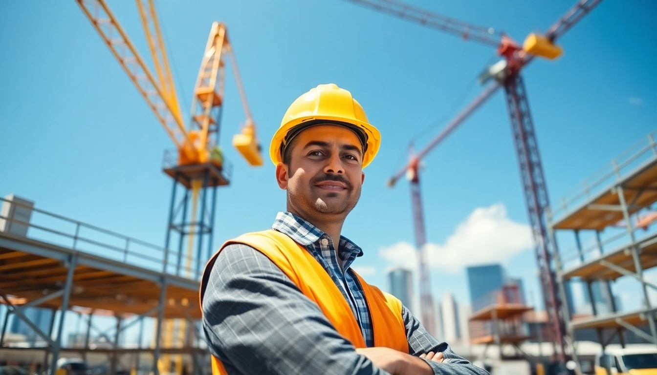 New Jersey Construction Manager overseeing a vibrant construction site with cranes and scaffolding.