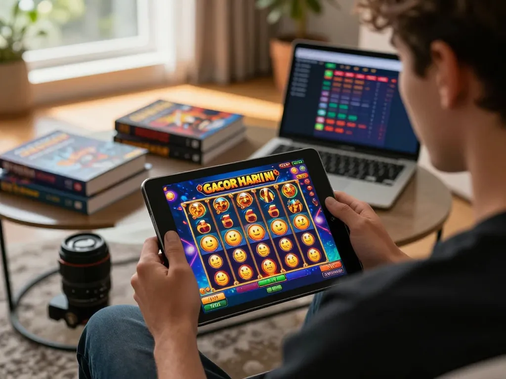 Player enjoying a winning spin on slot gacor hari ini at home, showcasing lively tablet graphics.