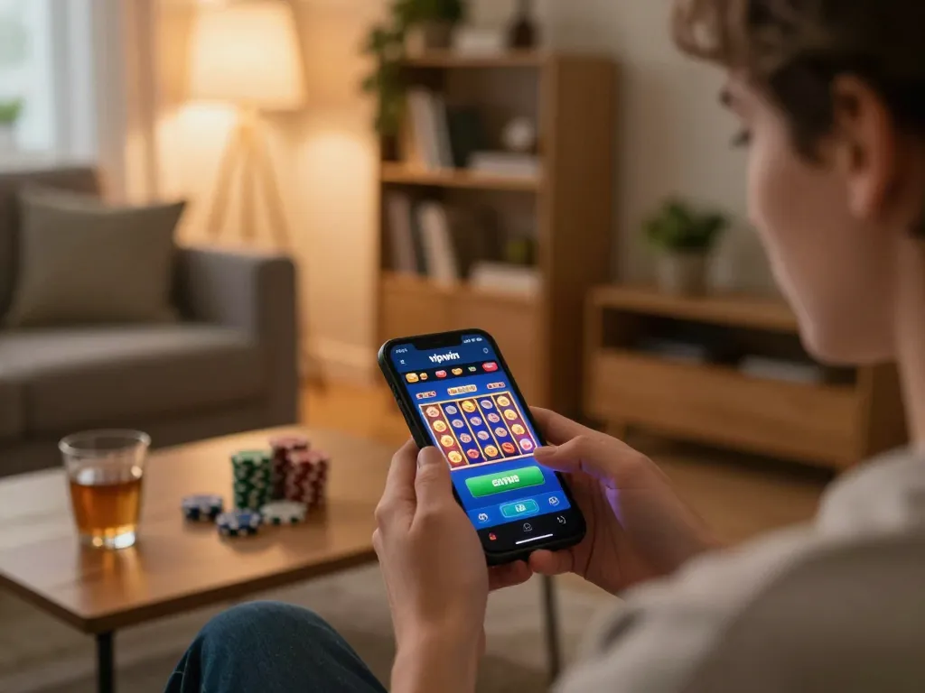 Player enjoying vipwin mobile casino app in cozy home setting, highlighting engaging gambling experience.