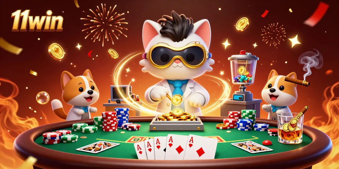 Engage with thrilling poker action at 11win, featuring vibrant animated casino elements.