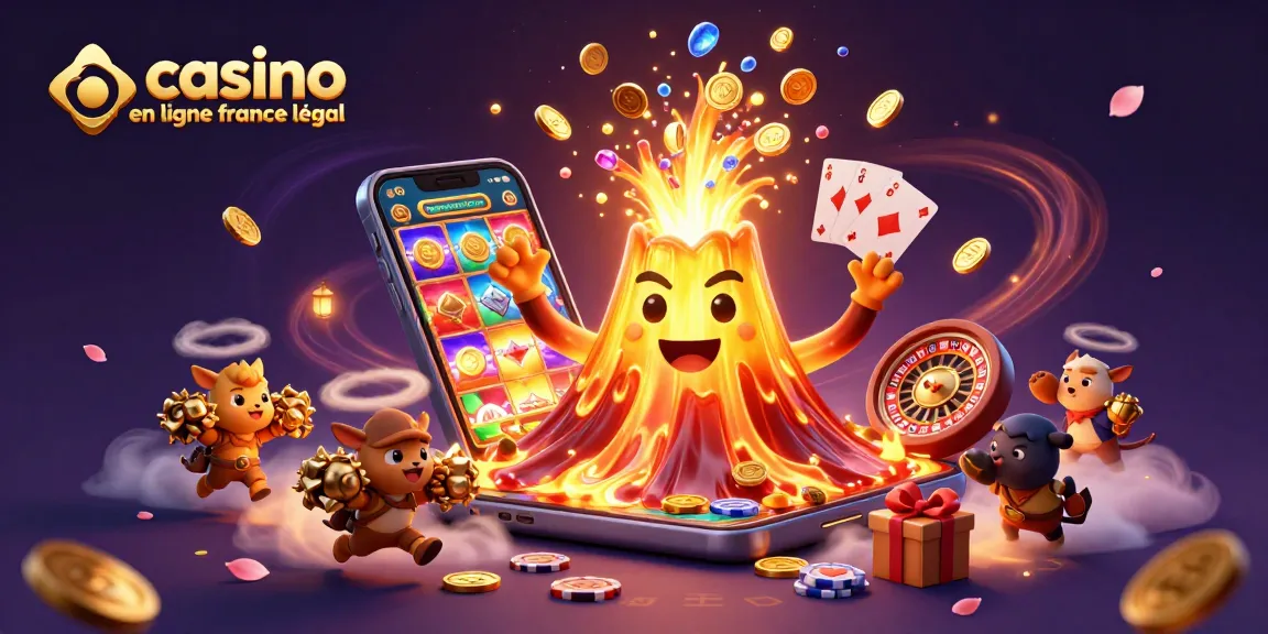 Jouez sur un casino en ligne France légal avec cette illustration dynamique représentant un volcan doré éruptif.