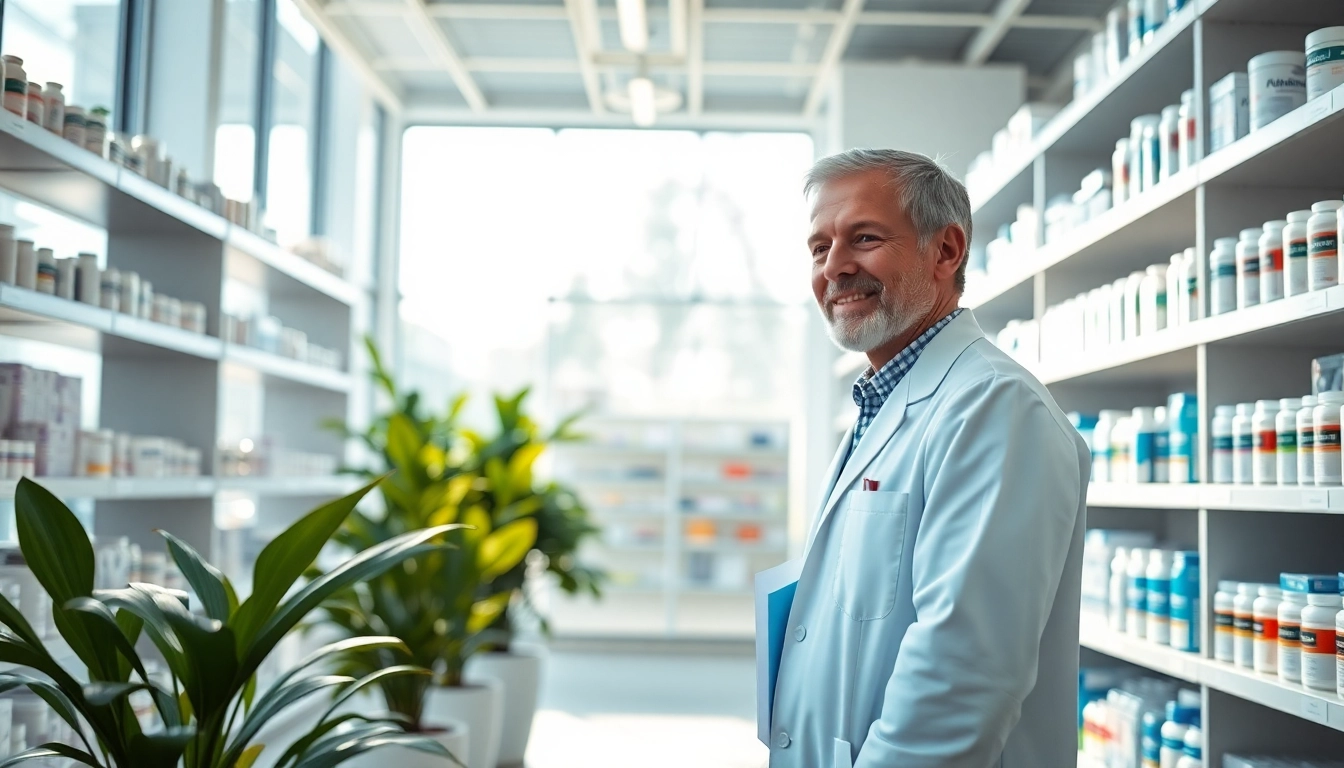 Consultation scene in an online pharmacy showcasing patient care with a smiling pharmacist.