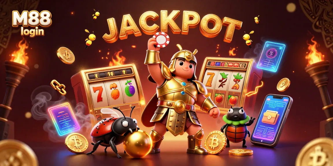 M88 login while celebrating a jackpot win with a hercules beetle in golden armor, surrounded by vibrant casino elements.