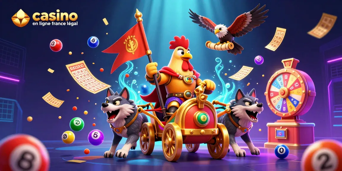 Visuel de casino en ligne France légal illustrant une scène dynamique de jeux avec un coq et un chariot doré.