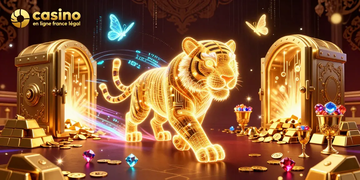 Découvrez des jeux au casino en ligne France légal avec un tigre doré, des trésors et des effets lumineux.
