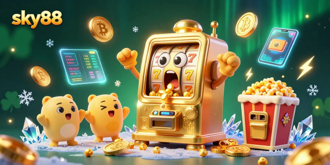 sky88 slot machine celebrating a jackpot with vibrant elements and glowing coins