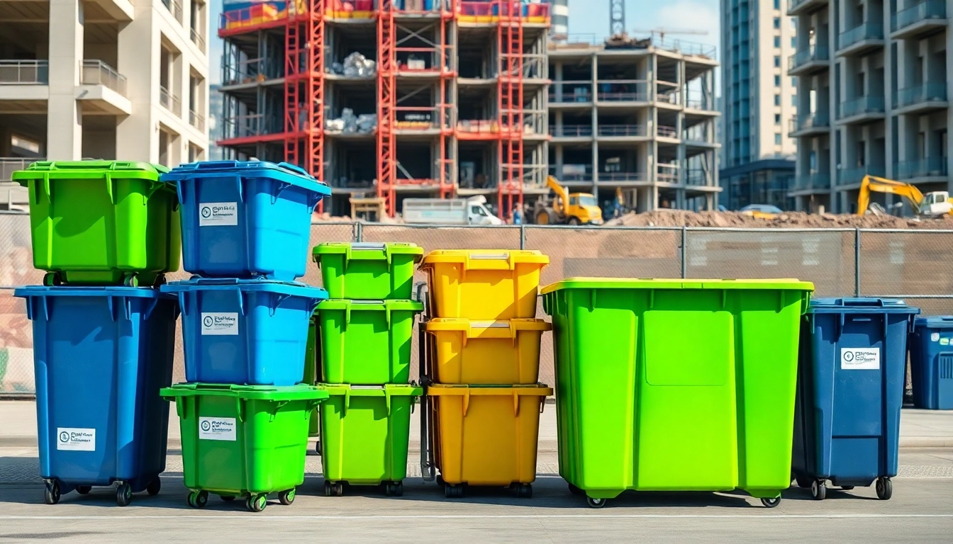 Array of garbage rental bins in vibrant colors lining a construction site.