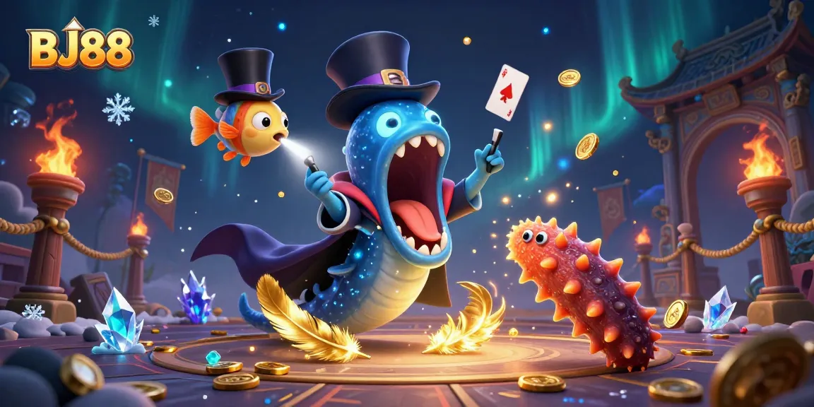 Engage with BJ88's thrilling gaming experience featuring unique underwater characters and vibrant casino elements.