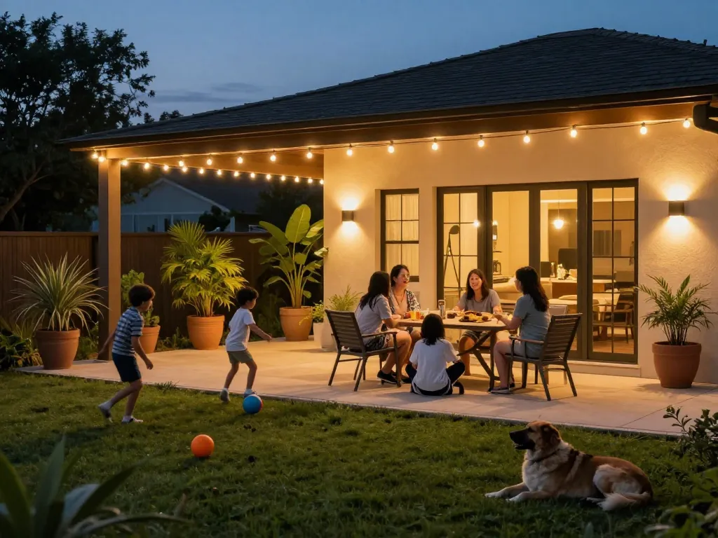 Dusk to dawn outdoor lights illuminate a family gathering on a patio, showcasing elegant wall-mounted fixtures in a welcoming outdoor setting.