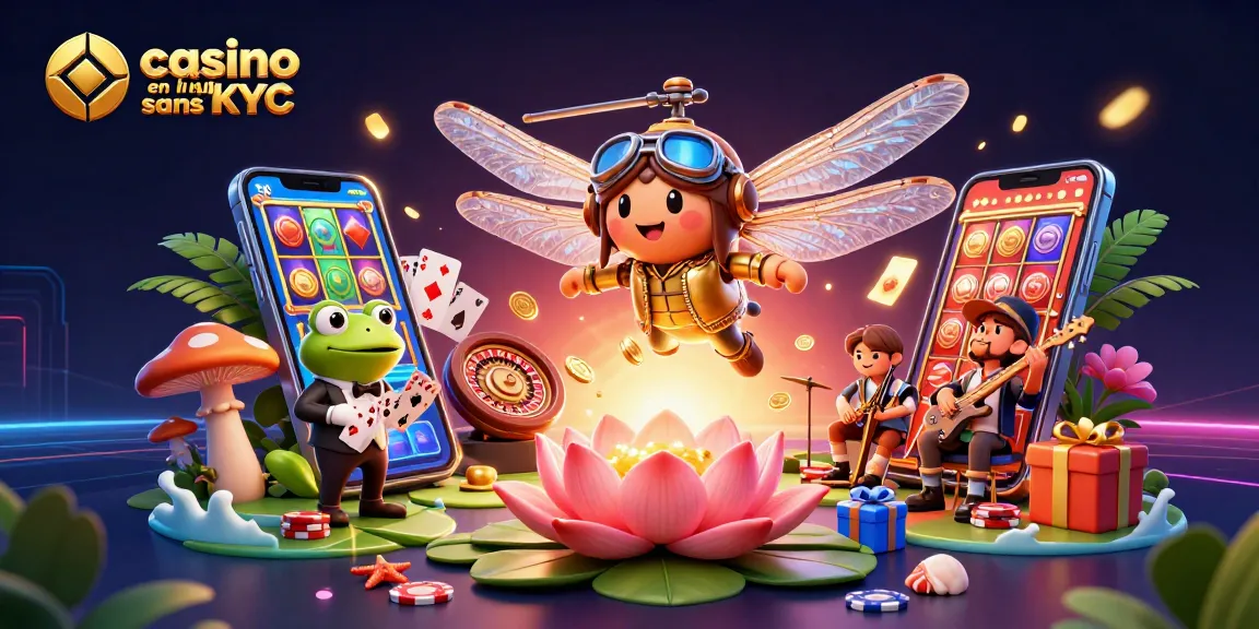 Profitez d'un casino en ligne sans KYC avec un pilote libellule et un croupier grenouille.