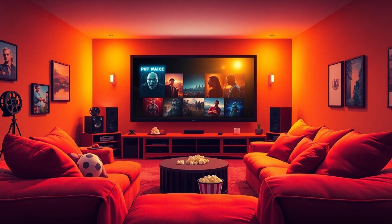 Enjoy ดูหนังออนไลน์ in a cozy home cinema with a vibrant movie scene on the screen.
