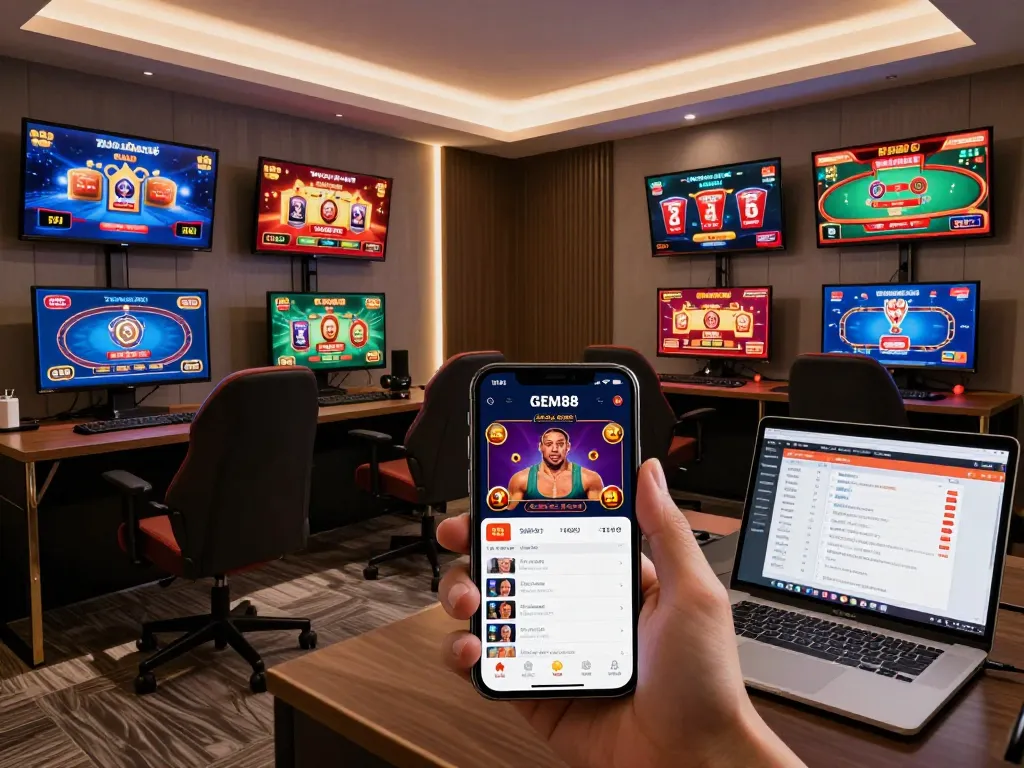 Engaging online gaming space with Trang chủ GEM88 showcased on a smartphone, depicting an immersive gambling atmosphere.