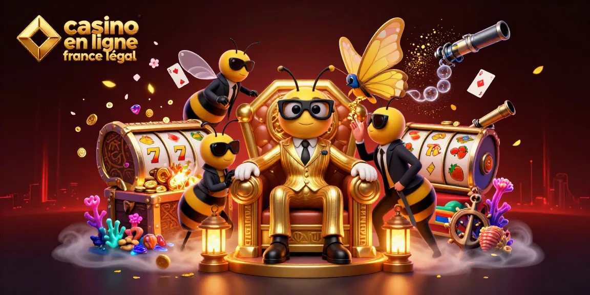 Illustration dynamique représentant le mob boss abeille dans un casino en ligne France légal, entouré d'éléments de jeu colorés.