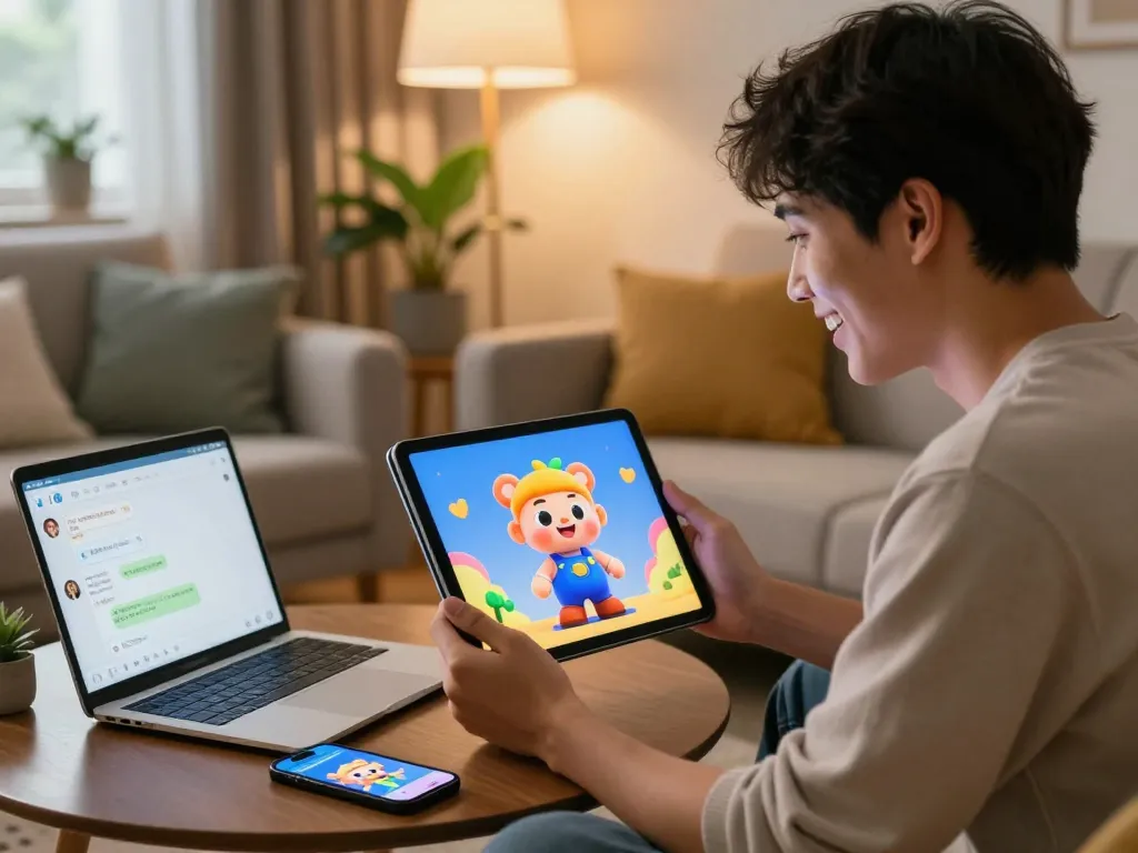 Engaging character AI nsfw interaction on a tablet in a cozy living room with animated characters and playful chat.