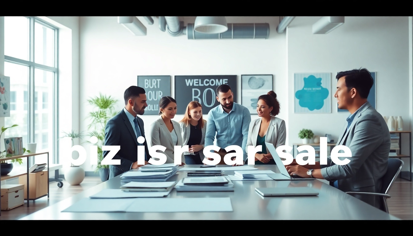 Engaging scene of potential buyers discussing biz for sale opportunities in a modern office.