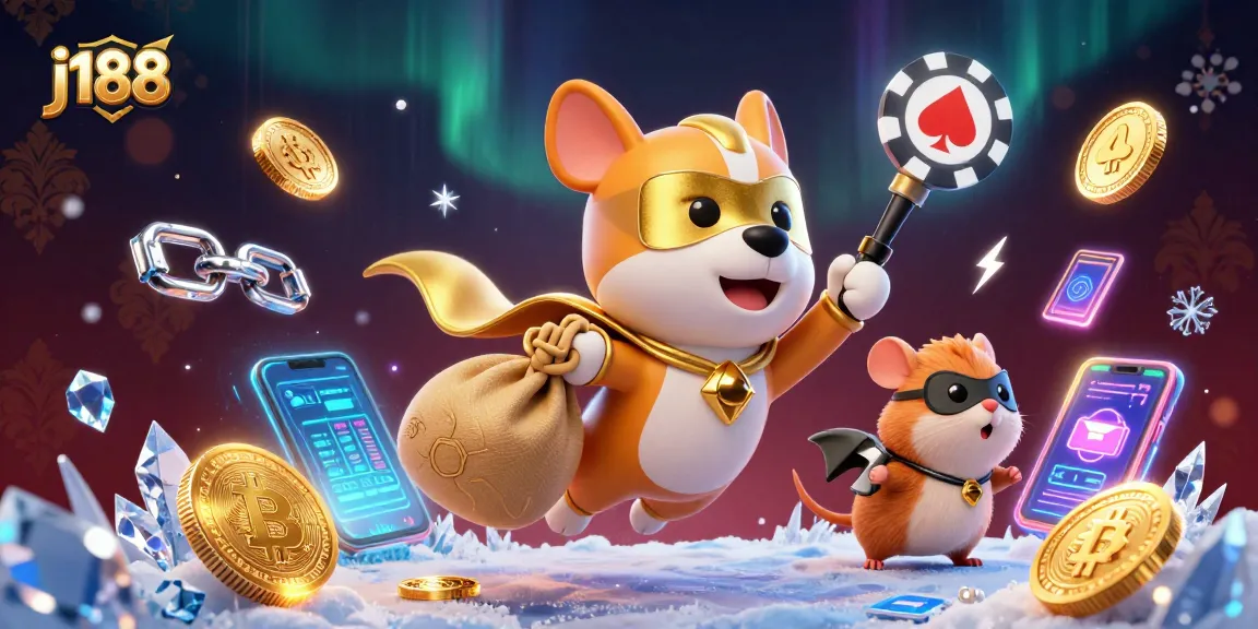 Join the j188 adventure with a superhero dog and hamster amidst crypto-themed casino action.