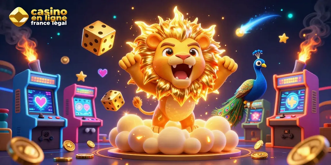 Jouer sur casino en ligne France légal avec des visuels de lion et dés de casino dorés.