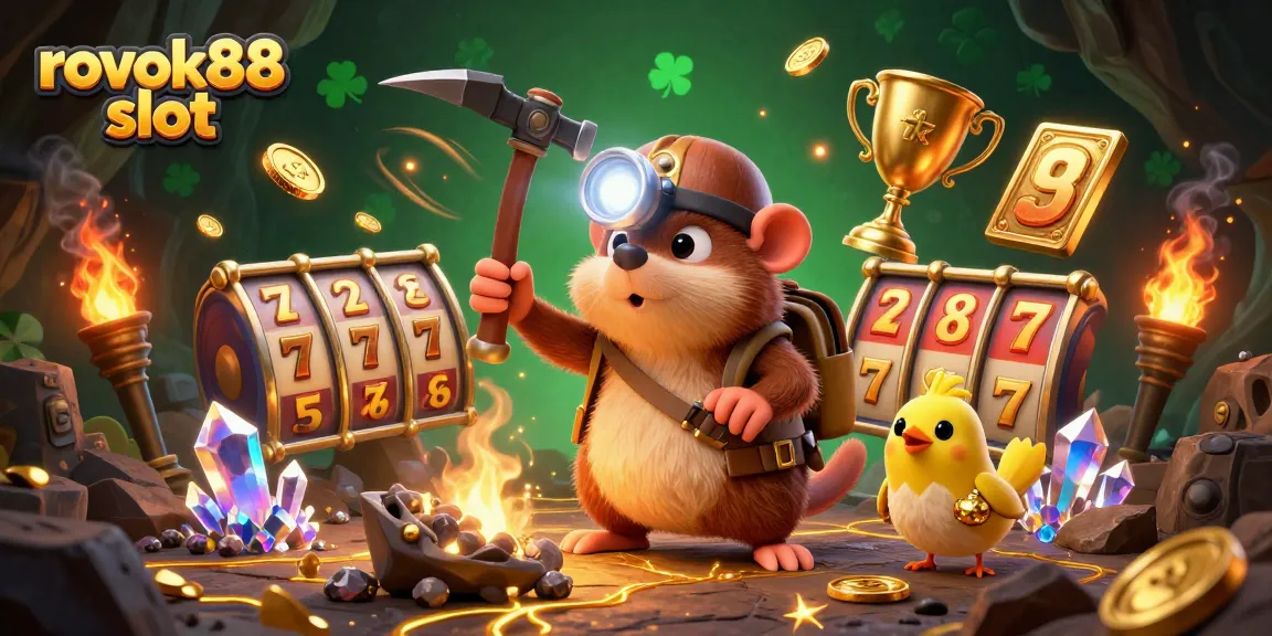 Engage with the rokok88 slot adventure as our treasure hunter mole discovers golden jackpots in a vibrant casino setting.