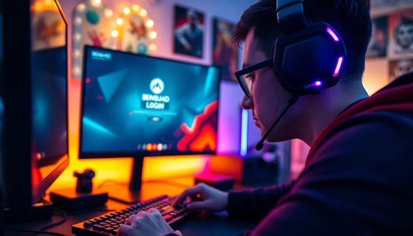 Masuk ke permainan bensu4d login game dengan gamer serius di latar penuh warna.