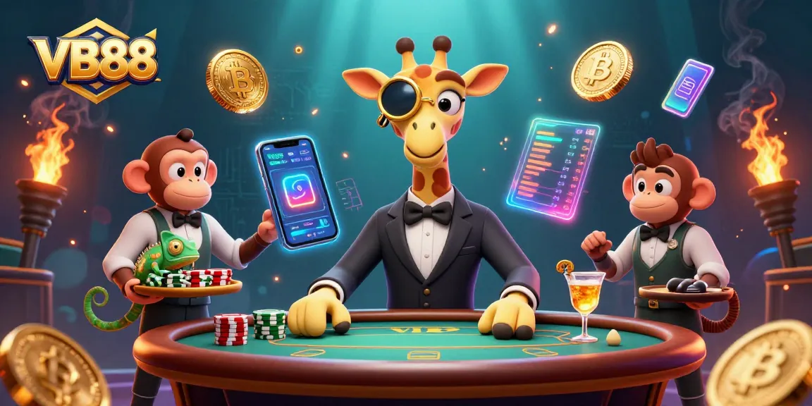 Experience thrilling VB88 gaming with a high-roller giraffe and monkey valet at the casino.