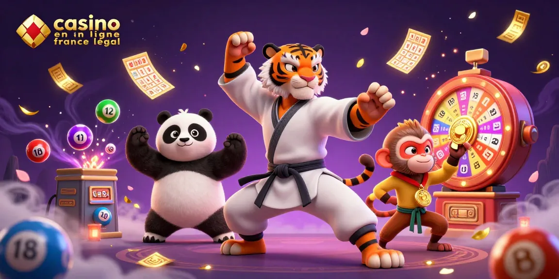 Casinos en ligne légal en France illustré par un tigre martial, panda et singe dans une scène dynamique de jeu.