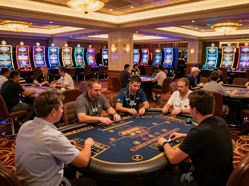 Bet88 players strategizing at poker tables with vibrant casino atmosphere enhancing the excitement