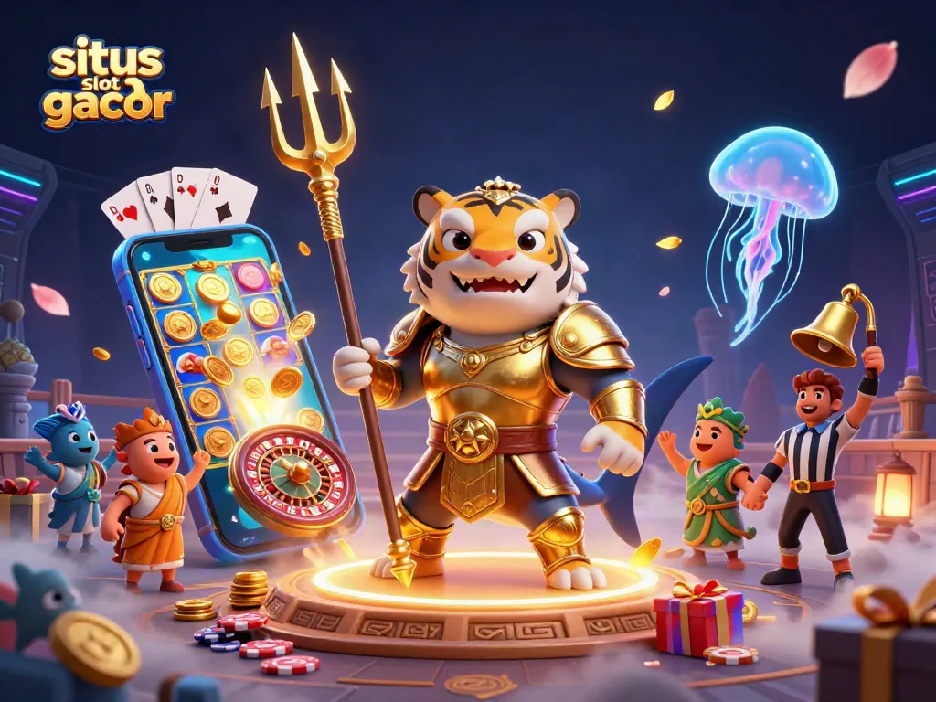 Slot gacor yang menarik menampilkan pertempuran seru dengan karakter yang penuh warna dan elemen kasino.