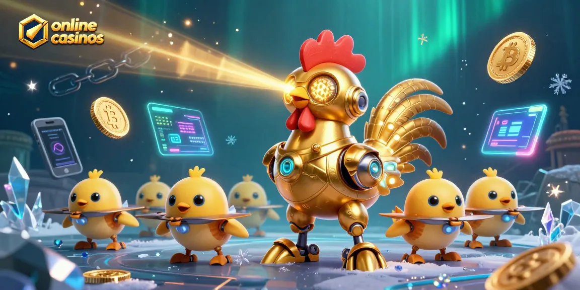 Engage with online casinos through a vibrant 3D illustration featuring a golden rooster robot and crypto coins.