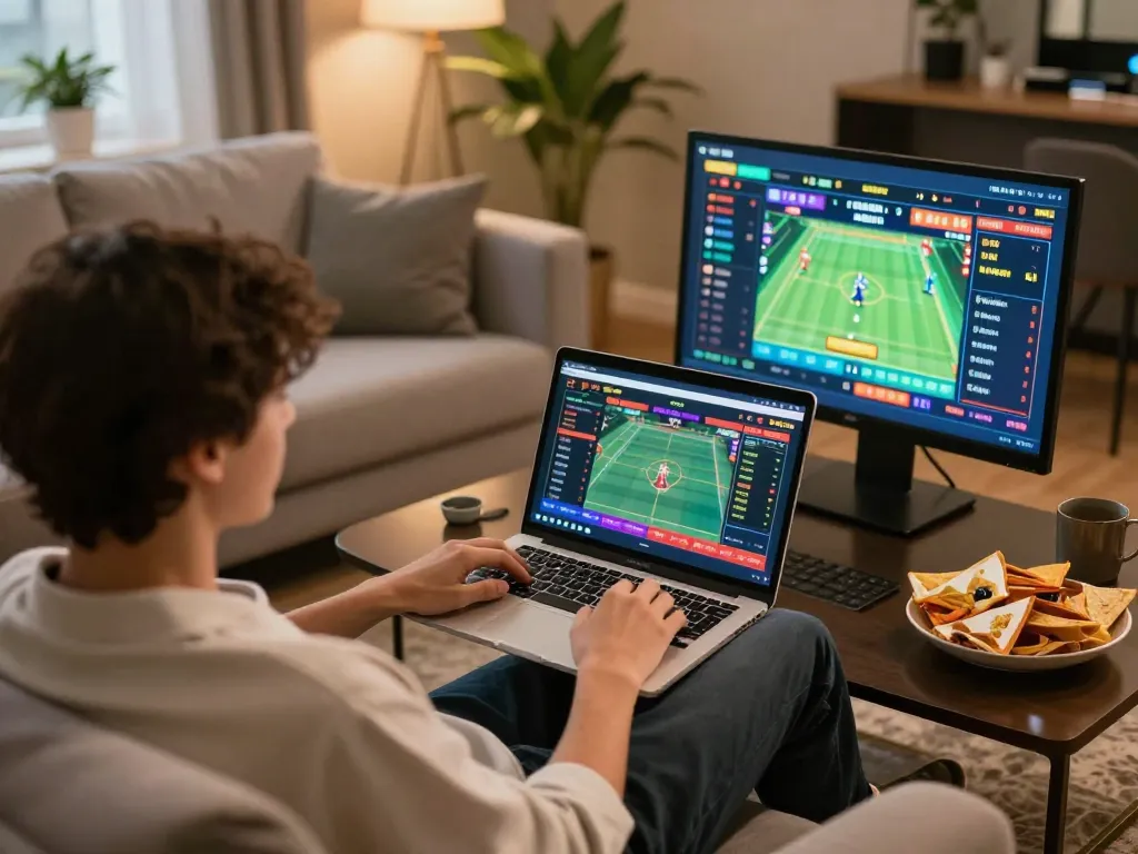 king33 player engaging in mobile sports betting on a cozy couch with modern setup