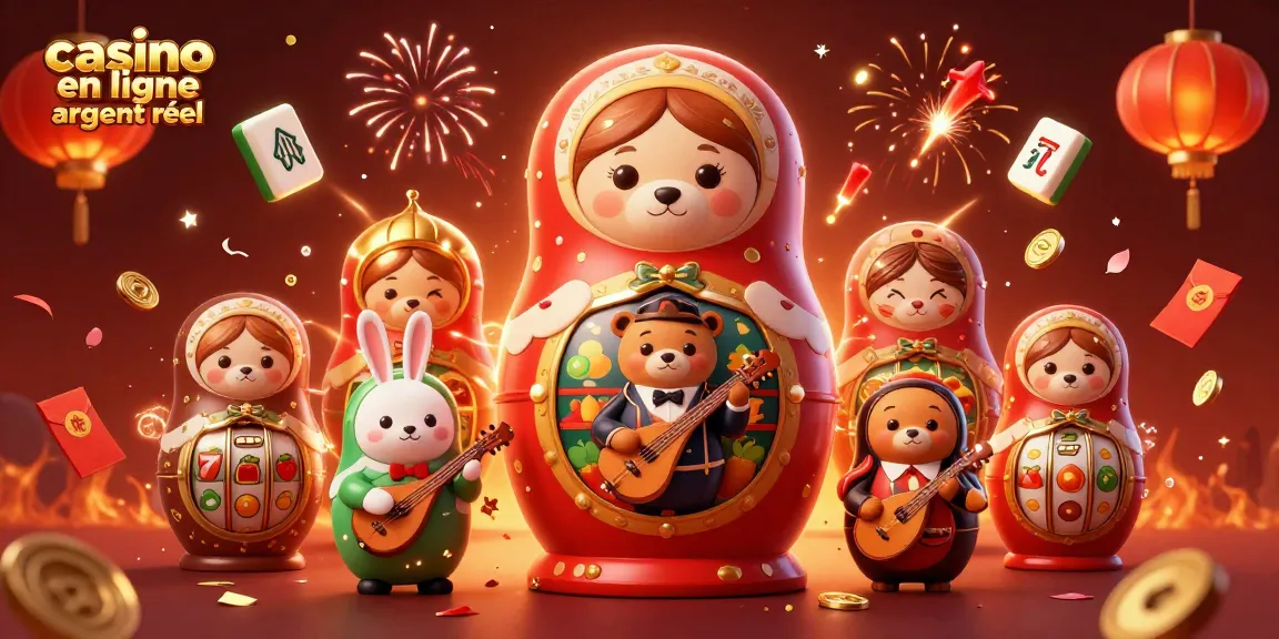Jouez à casino en ligne argent réel avec des ours Matryoshka et des éléments de machine à sous.